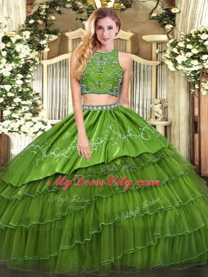 Olive Green Sleeveless Tulle Zipper Quinceanera Gowns for Military Ball and Sweet 16 and Quinceanera