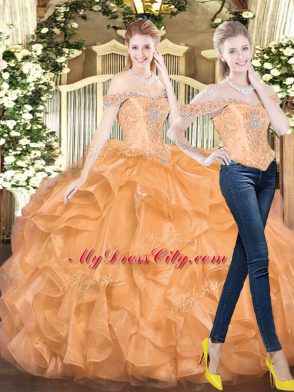 Luxurious Orange Red Two Pieces Beading and Ruffles Quinceanera Gown Lace Up Organza Sleeveless Floor Length