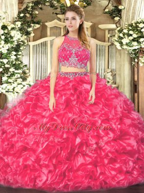 Sexy Ball Gowns Sweet 16 Dress Coral Red Scoop Organza Sleeveless Floor Length Zipper