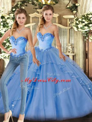 Eye-catching Baby Blue Two Pieces Organza Sweetheart Sleeveless Beading and Ruffles Floor Length Lace Up Sweet 16 Dress