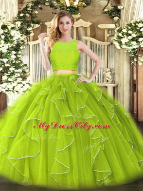 Elegant Yellow Green Organza Zipper Quince Ball Gowns Sleeveless Floor Length Lace and Ruffles