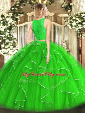 Elegant Yellow Green Organza Zipper Quince Ball Gowns Sleeveless Floor Length Lace and Ruffles