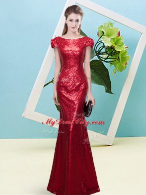 Stylish Sequins Prom Gown Wine Red Zipper Cap Sleeves Floor Length