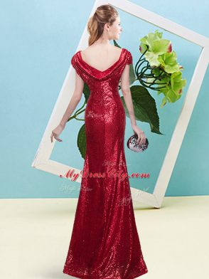 Stylish Sequins Prom Gown Wine Red Zipper Cap Sleeves Floor Length