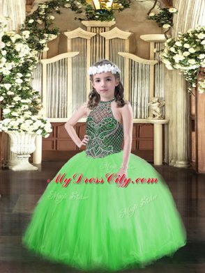 Floor Length Green Kids Pageant Dress Tulle Sleeveless Beading