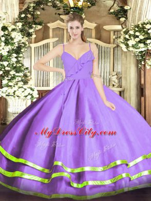 Decent Ball Gowns Ball Gown Prom Dress Lavender Spaghetti Straps Organza Sleeveless Floor Length Zipper