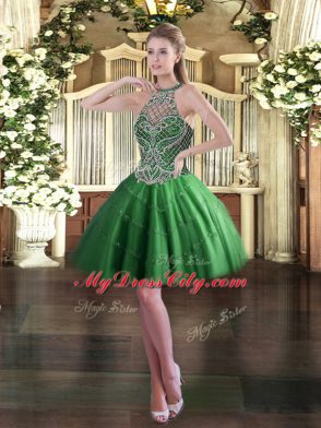 Clearance Halter Top Sleeveless Prom Dress Mini Length Beading Green Tulle