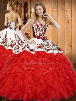 Edgy Red Lace Up Quinceanera Gown Embroidery and Ruffles Sleeveless Floor Length