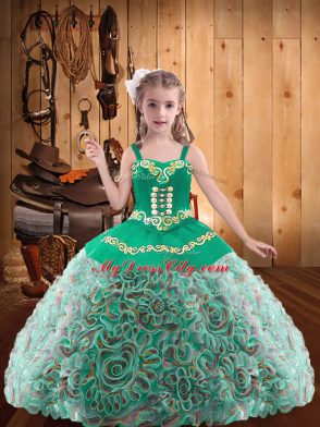 Multi-color Ball Gowns Embroidery and Ruffles Kids Formal Wear Lace Up Fabric With Rolling Flowers Sleeveless Floor Length