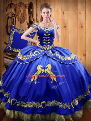 Glamorous Sleeveless Satin and Organza Floor Length Lace Up Ball Gown Prom Dress in Royal Blue with Beading and Embroidery