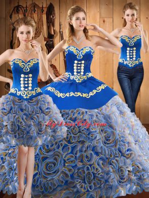 Sweetheart Sleeveless Satin and Fabric With Rolling Flowers Quinceanera Dresses Embroidery Sweep Train Lace Up