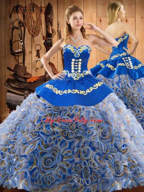 Sweetheart Sleeveless Satin and Fabric With Rolling Flowers Quinceanera Dresses Embroidery Sweep Train Lace Up