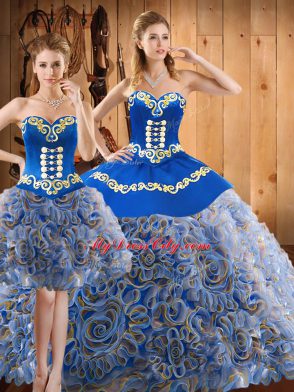 Sweetheart Sleeveless Satin and Fabric With Rolling Flowers Quinceanera Dresses Embroidery Sweep Train Lace Up