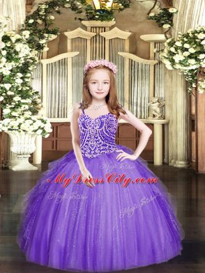 Spaghetti Straps Sleeveless Tulle Little Girls Pageant Gowns Beading and Ruffles Lace Up