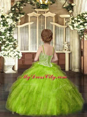 Spaghetti Straps Sleeveless Tulle Little Girls Pageant Gowns Beading and Ruffles Lace Up