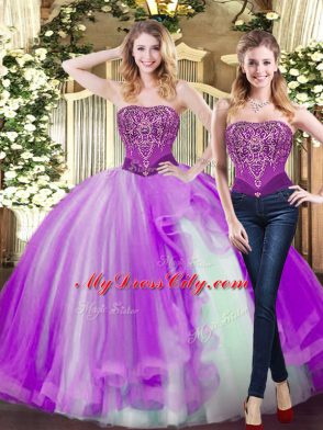 Floor Length Lace Up 15th Birthday Dress Eggplant Purple and In with Beading and Ruffles