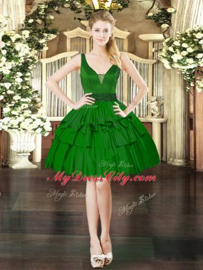 Sleeveless Taffeta Mini Length Lace Up Evening Dress in Dark Green with Beading