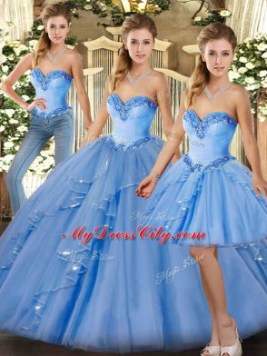 Baby Blue Sweetheart Neckline Beading and Ruffles Ball Gown Prom Dress Sleeveless Lace Up