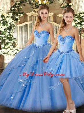 Baby Blue Sweetheart Neckline Beading and Ruffles Ball Gown Prom Dress Sleeveless Lace Up