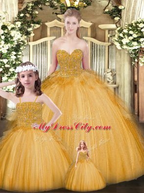 Ball Gowns Quinceanera Dress Gold Sweetheart Tulle Sleeveless Floor Length Lace Up