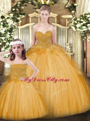 Ball Gowns Quinceanera Dress Gold Sweetheart Tulle Sleeveless Floor Length Lace Up