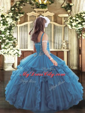 Charming Turquoise Ball Gowns Straps Sleeveless Tulle Floor Length Lace Up Beading and Ruffles Custom Made Pageant Dress