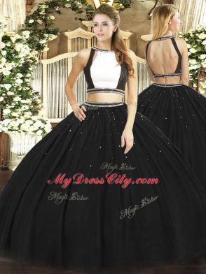 Shining Floor Length Black Quinceanera Gowns Halter Top Sleeveless Backless