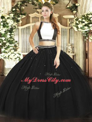 Shining Floor Length Black Quinceanera Gowns Halter Top Sleeveless Backless