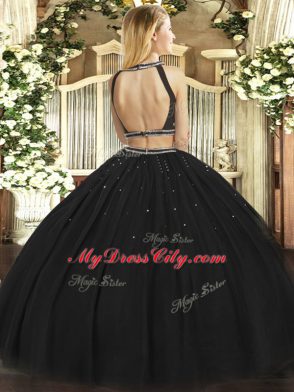 Shining Floor Length Black Quinceanera Gowns Halter Top Sleeveless Backless