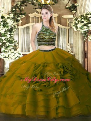 Affordable Tulle Halter Top Sleeveless Zipper Beading and Ruffled Layers Sweet 16 Quinceanera Dress in Olive Green