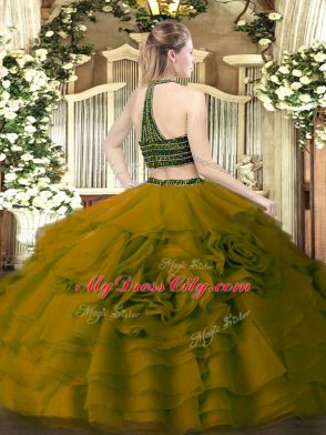 Affordable Tulle Halter Top Sleeveless Zipper Beading and Ruffled Layers Sweet 16 Quinceanera Dress in Olive Green