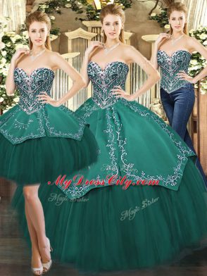 Chic Floor Length Dark Green Quinceanera Gown Sweetheart Sleeveless Lace Up