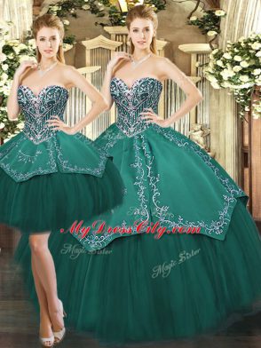 Chic Floor Length Dark Green Quinceanera Gown Sweetheart Sleeveless Lace Up