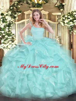 Aqua Blue Zipper Vestidos de Quinceanera Beading and Ruffles Sleeveless Floor Length