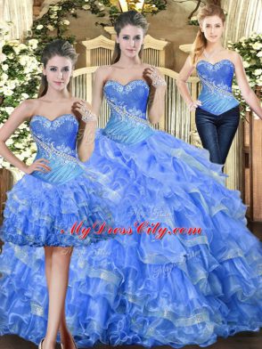 Sophisticated Baby Blue Sleeveless Floor Length Beading and Ruffles Lace Up Quinceanera Dress