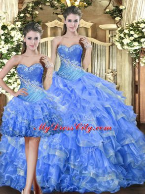 Sophisticated Baby Blue Sleeveless Floor Length Beading and Ruffles Lace Up Quinceanera Dress