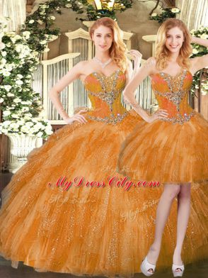 Beautiful Orange Red Lace Up Sweetheart Beading and Ruffles Ball Gown Prom Dress Organza Sleeveless