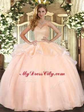 Flirting Peach Organza Lace Up Sweetheart Sleeveless Floor Length Sweet 16 Dress Beading and Ruffles