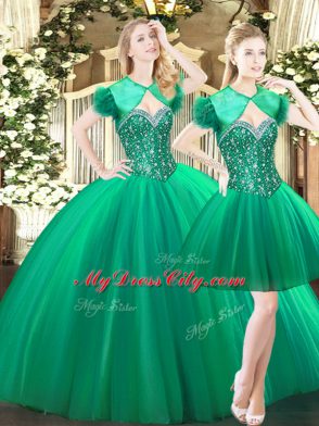 Green Quinceanera Gowns Military Ball and Sweet 16 and Quinceanera with Beading Sweetheart Sleeveless Lace Up