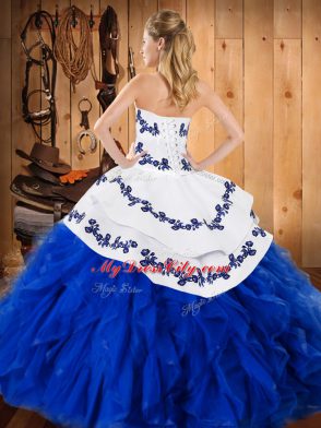 Captivating Fuchsia Ball Gowns Strapless Sleeveless Satin and Organza Floor Length Lace Up Embroidery and Ruffles Quinceanera Dresses