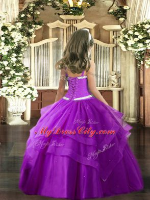 Low Price Straps Sleeveless Tulle Little Girls Pageant Dress Wholesale Appliques and Ruffled Layers Lace Up