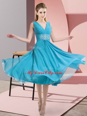 Sleeveless Knee Length Beading Side Zipper Bridesmaids Dress with Aqua Blue