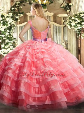 Modern V-neck Sleeveless Ball Gown Prom Dress Floor Length Ruffled Layers Watermelon Red Organza