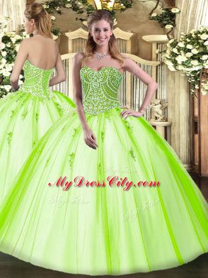 Yellow Green Ball Gowns Tulle Sweetheart Sleeveless Beading Floor Length Lace Up Sweet 16 Quinceanera Dress