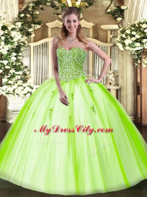 Yellow Green Ball Gowns Tulle Sweetheart Sleeveless Beading Floor Length Lace Up Sweet 16 Quinceanera Dress