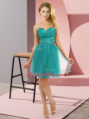 Beautiful Turquoise Sleeveless Mini Length Beading Zipper Prom Dresses