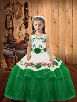 Great Green Organza Lace Up Straps Sleeveless Floor Length Evening Gowns Embroidery and Ruffled Layers