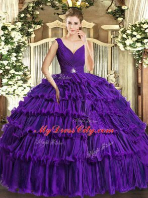 Ball Gowns 15 Quinceanera Dress Purple V-neck Organza Sleeveless Floor Length Backless