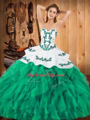 Delicate Floor Length Turquoise Vestidos de Quinceanera Satin and Organza Sleeveless Embroidery and Ruffles