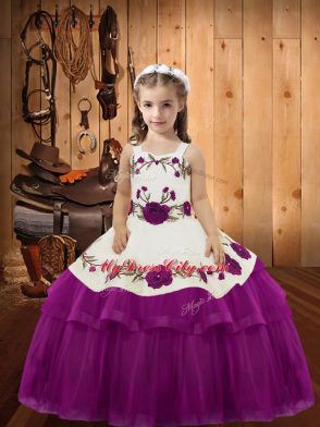 Fuchsia Ball Gowns Straps Sleeveless Organza Floor Length Lace Up Embroidery and Ruffled Layers Child Pageant Dress